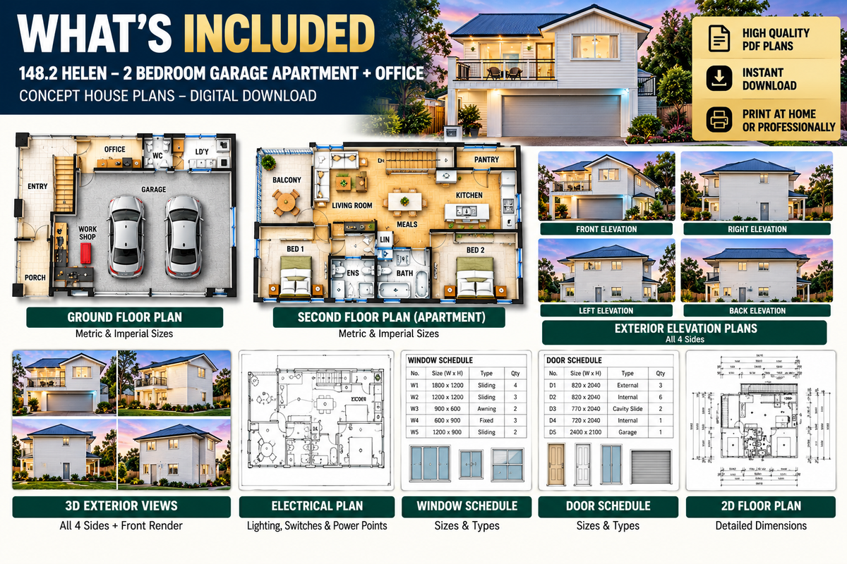 148.2 Helen – Modern 2 Bedroom Garage Apartment with Office | Concept House Plans