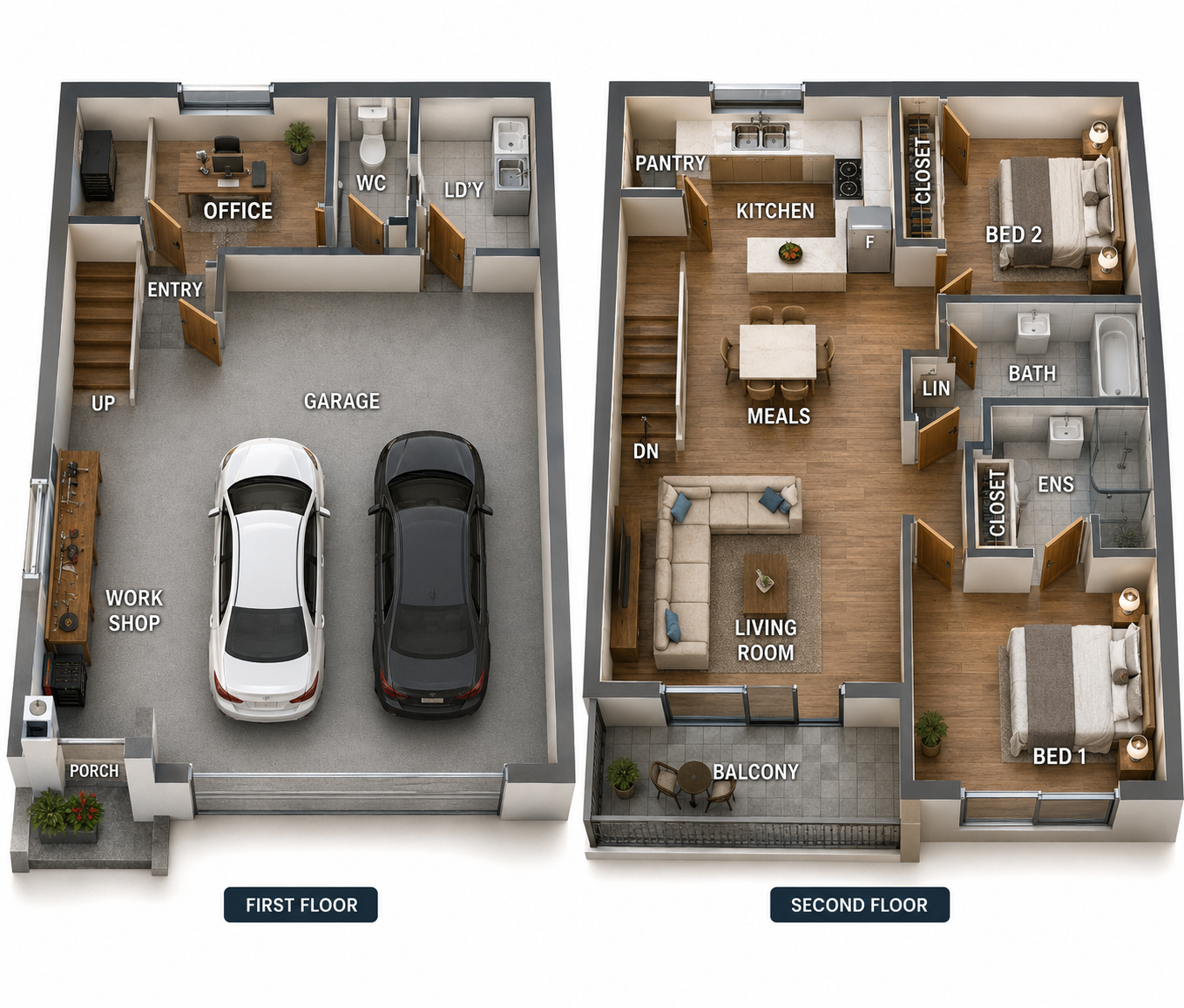 148.2 Helen Garage Apartment Plan | 2 Bedroom + Office | 1595 Sq Ft - Modern 2 bedroom garage apartment plan with office,