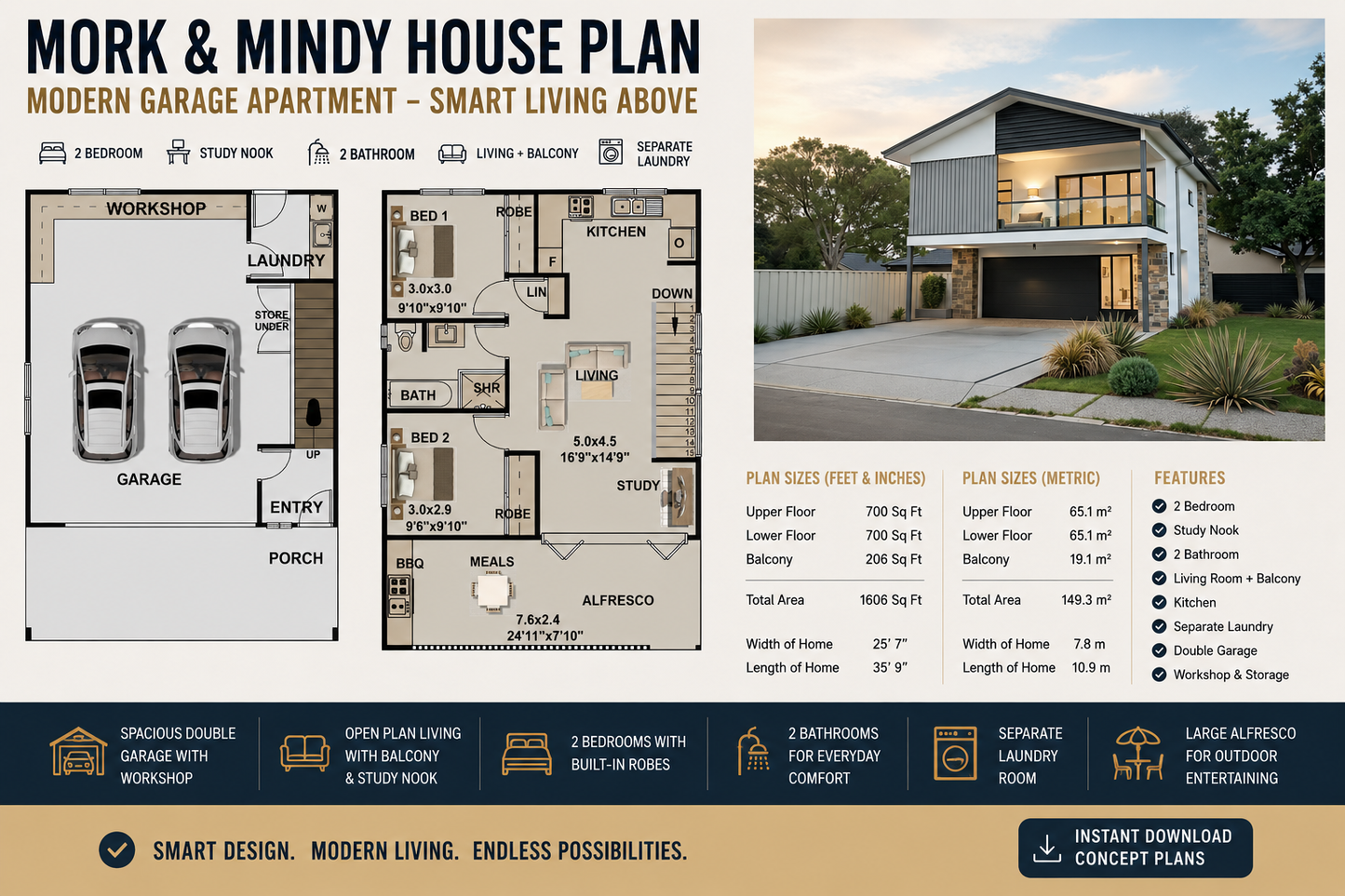 149.3MKM Mork & Mindy Garage Apartment Plan | 2 Bed Garage Home