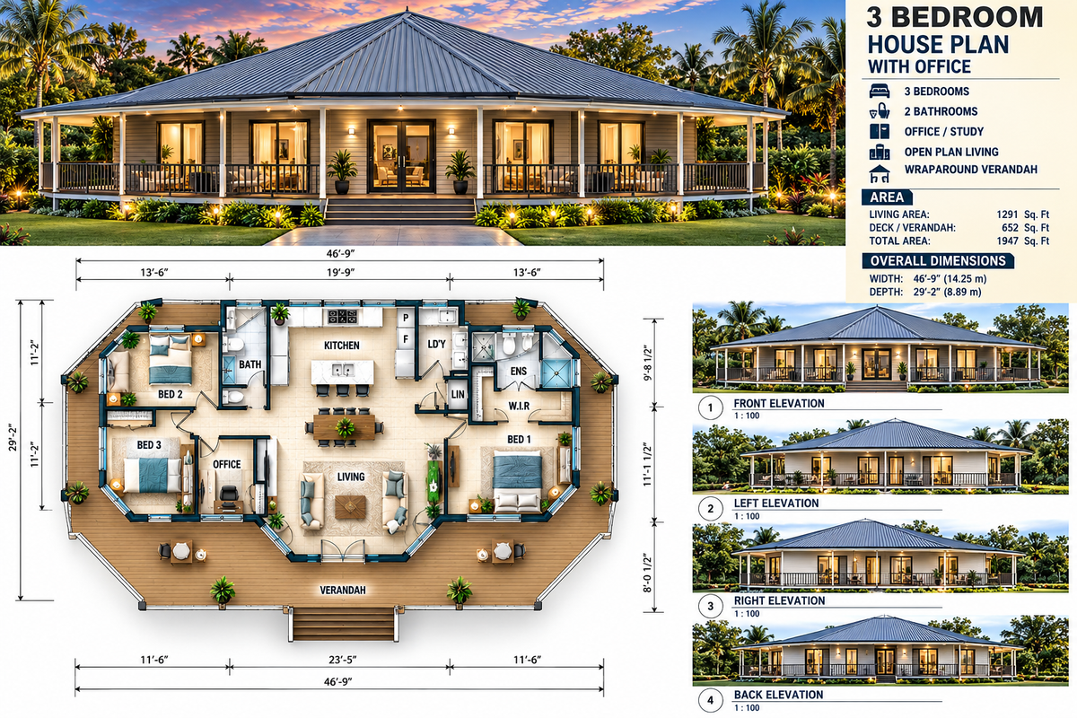 3 Bedroom House Plan + Office | Wraparound Verandah | Concept & Modification Starter Pack