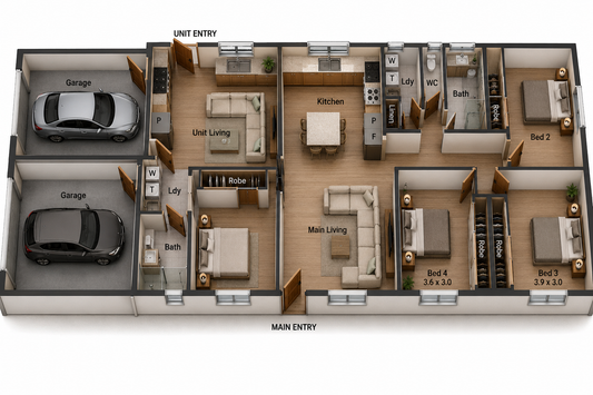171DU Dual Key House Plan | Narrow Lot Dual Living Design | 4 Bed | 2 Bath