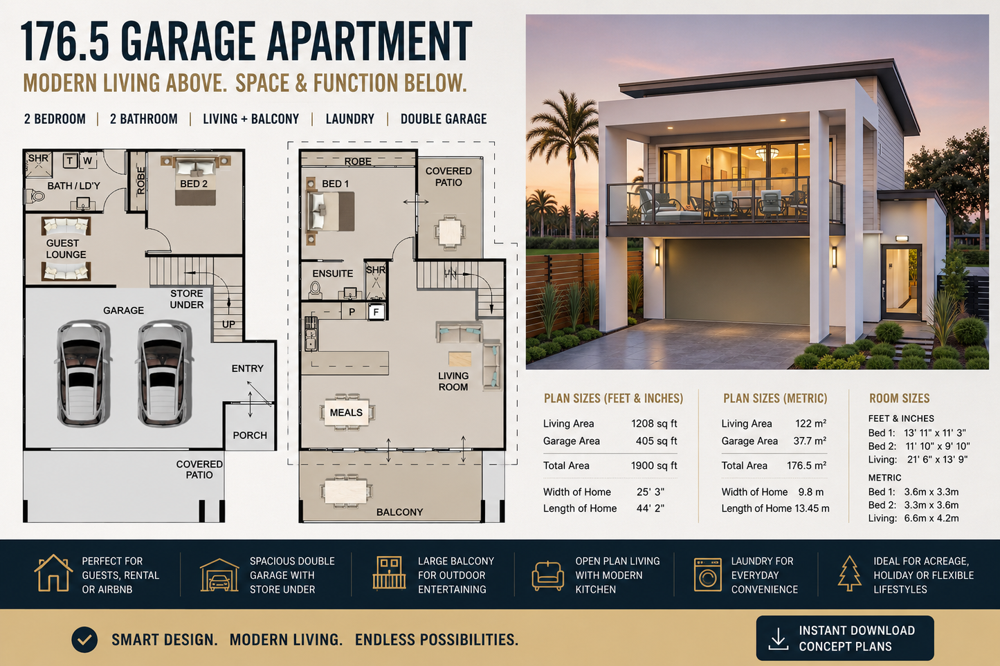 176.5 Garage Apartment Plan – 2 Bedroom Garage Home Design-Modern 2 Bedroom Garage Apartment with Balcony & Double Garage