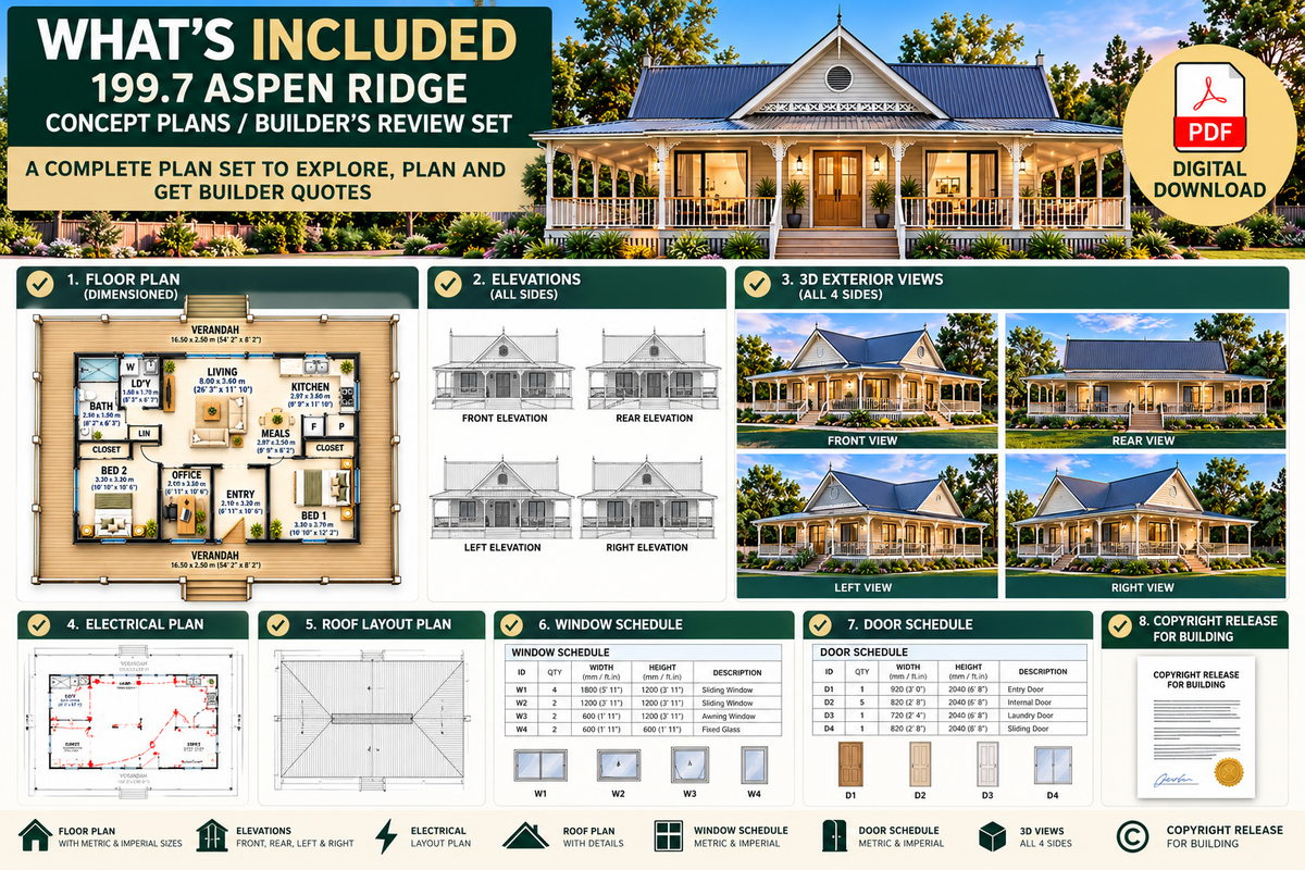 Aspen Ridge 199.7 | 2 Bedroom Ranch House Plans with Office & Wraparound Verandah
