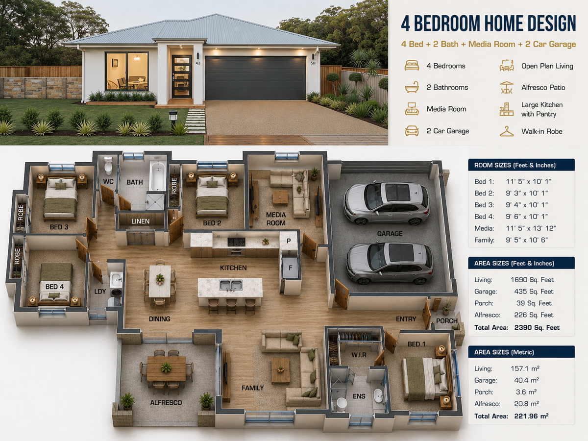 208 SB | Modern 4 Bedroom Single Storey House Plan with Media Room & Alfresco | 208.1 m² | 2,238 Sq Ft