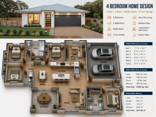 208 SB | Modern 4 Bedroom Single Storey House Plan with Media Room & Alfresco | 208.1 m² | 2,238 Sq Ft