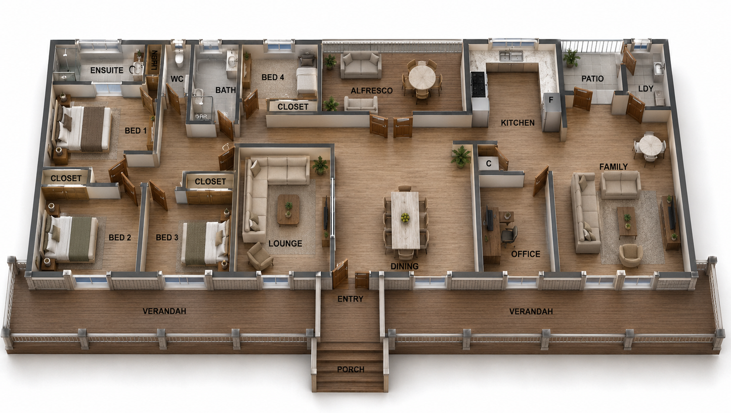 Country Homestead House Plan – 213.8KR | 4 Bedroom + Office Country Style Home Design