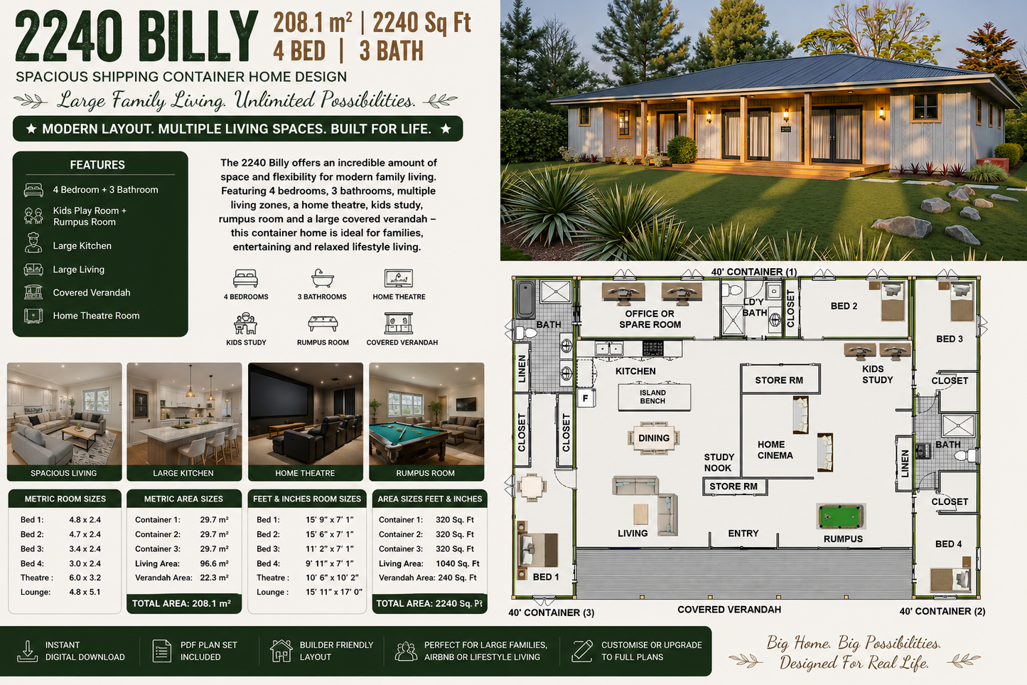 208.1m² | 2240 Sq Ft | 4 Bed | 3 Bath | 2240 Billy Shipping Container Home Plan