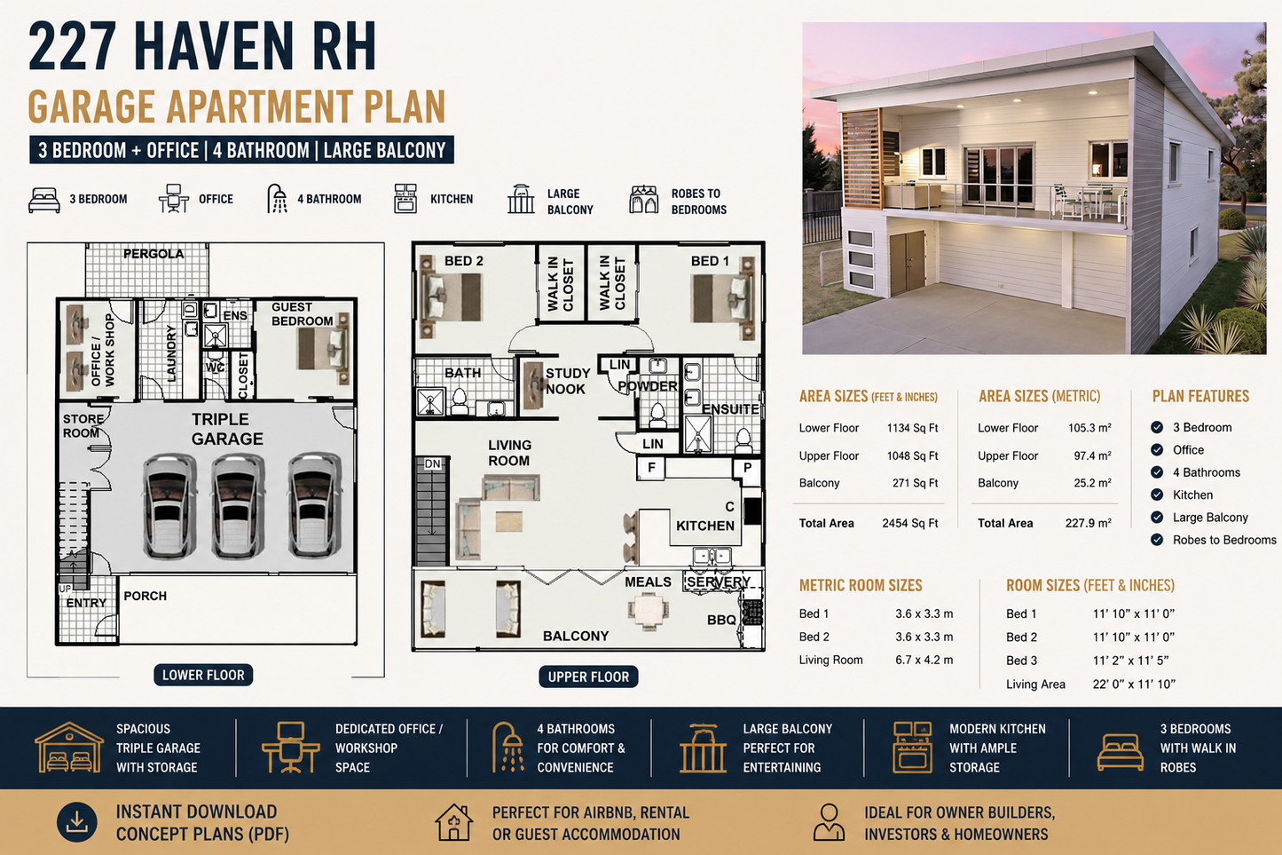 227 Haven RH Garage Apartment Plan | 3 Bed + Office | 2454 Sq Ft- Modern 3 bedroom garage apartment plan with office