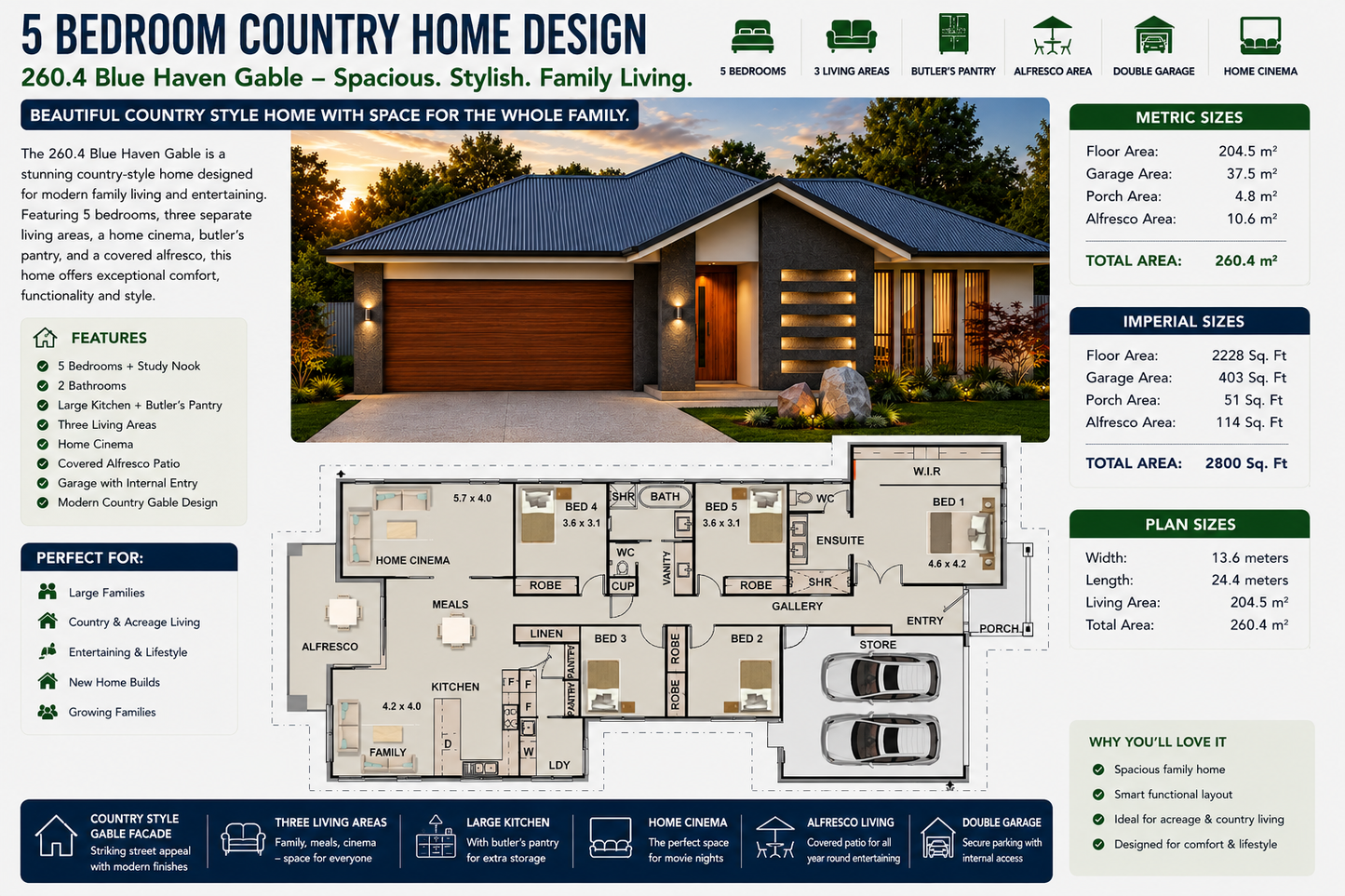 5 Bedroom House Plans Country Style | 260.4 Blue Haven Gable | 2800 Sq Ft | 260.4 m²