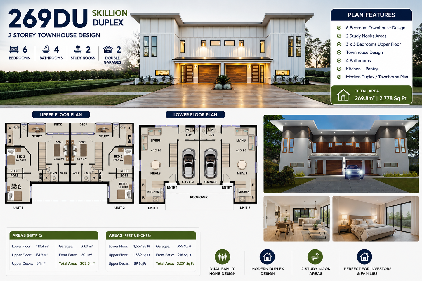 269DU Skillion Duplex House Plan | 6 Bed | 4 Bath | 2 Storey Townhouse Design | 303.5m² | 3,251 Sq Ft