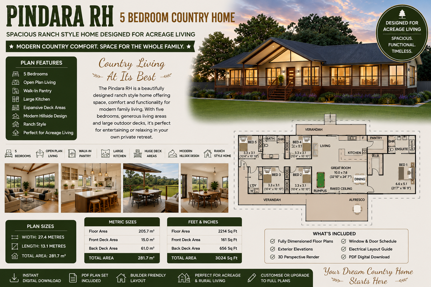 Pindara RH – 5 Bedroom Country Ranch House Plan Spacious Acreage Living with Modern Hillside Style