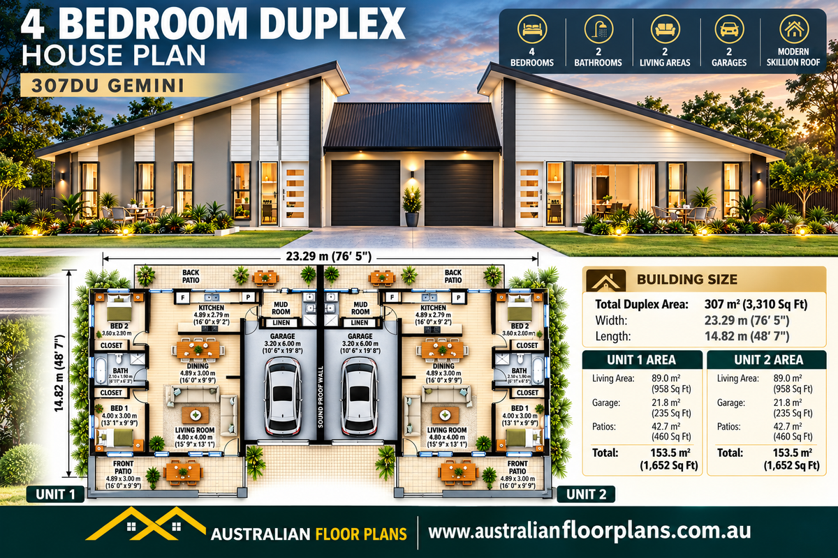 307DU Gemini – 4 Bedroom Duplex House Plan | Modern Skillion Roof | 307m²