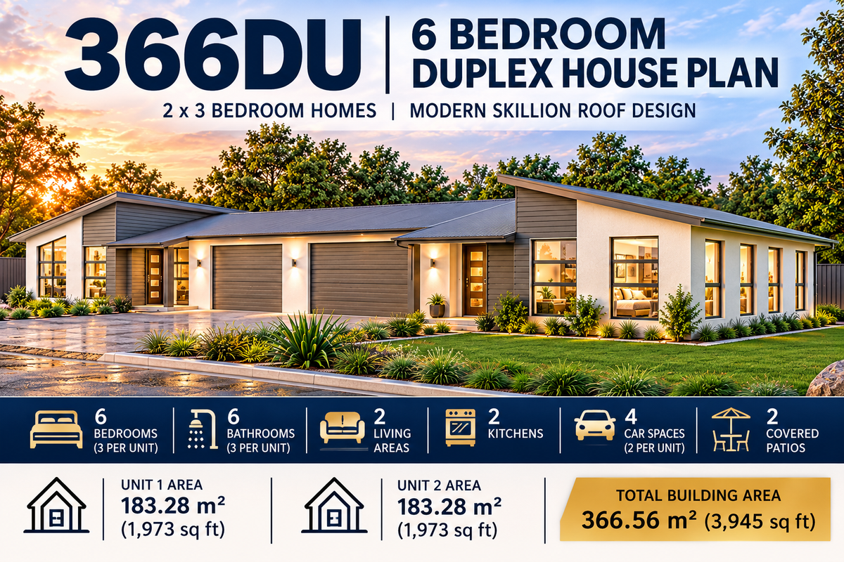 366DU Skillion Duplex House Plan | 6 Bedroom Dual Occupancy Design | Preliminary Plans