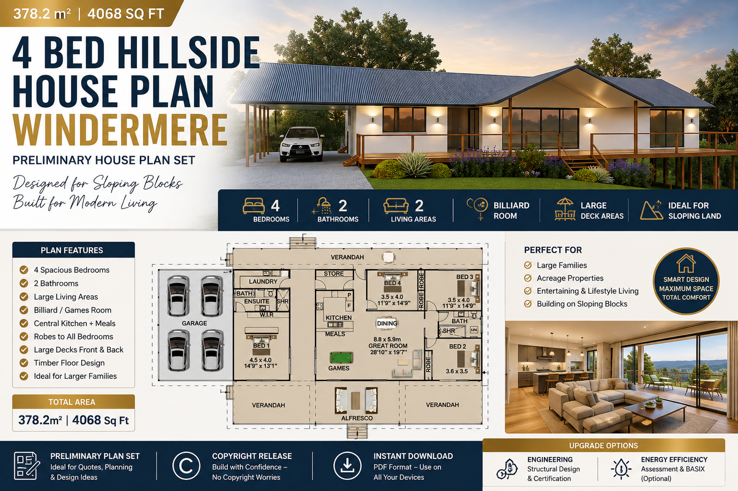 378.2 Windermere – 4 Bedroom Hillside House Plan | Sloping Land Home | Build Cost Planning Pack