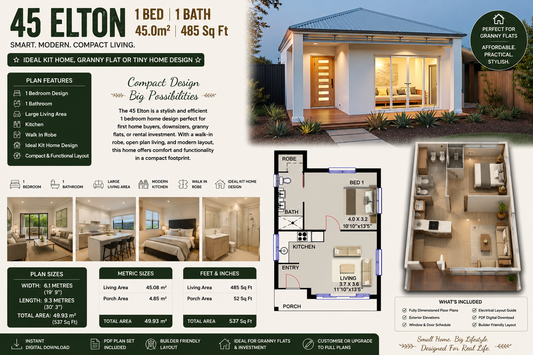 1 Bedroom Small House Plan – 45 Elton | 45.0 m² | 485 Sq Ft