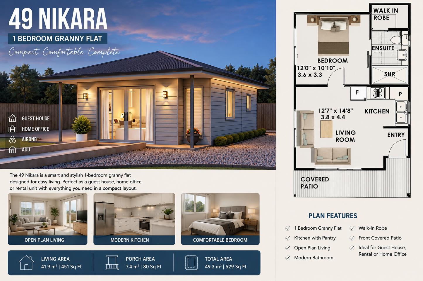 49 Nikara Granny Flat House Plan | Compact 1 Bedroom Home Design