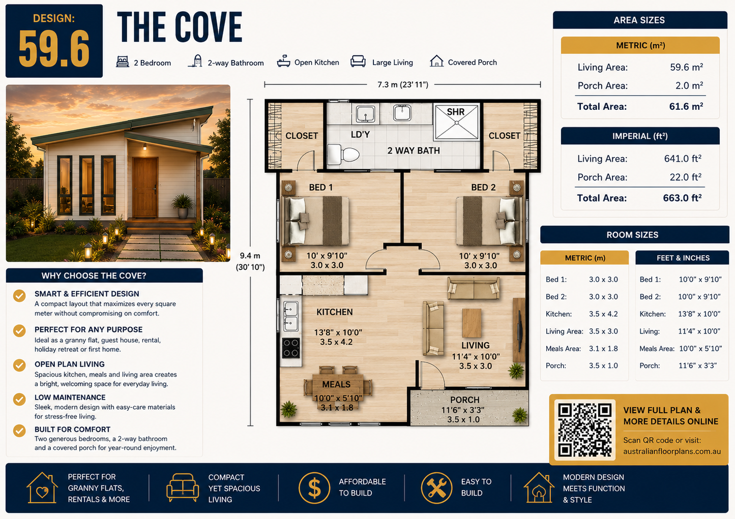 Plan 59.6 – The Cove Modern 2 Bedroom Granny Flat Design | Small Home Plan | 61.6 m²