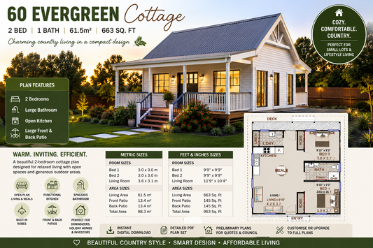 60 Evergreen Cottage – 2 Bedroom Small House Plan Cozy Country Cottage Design with Large Front & Rear Patios