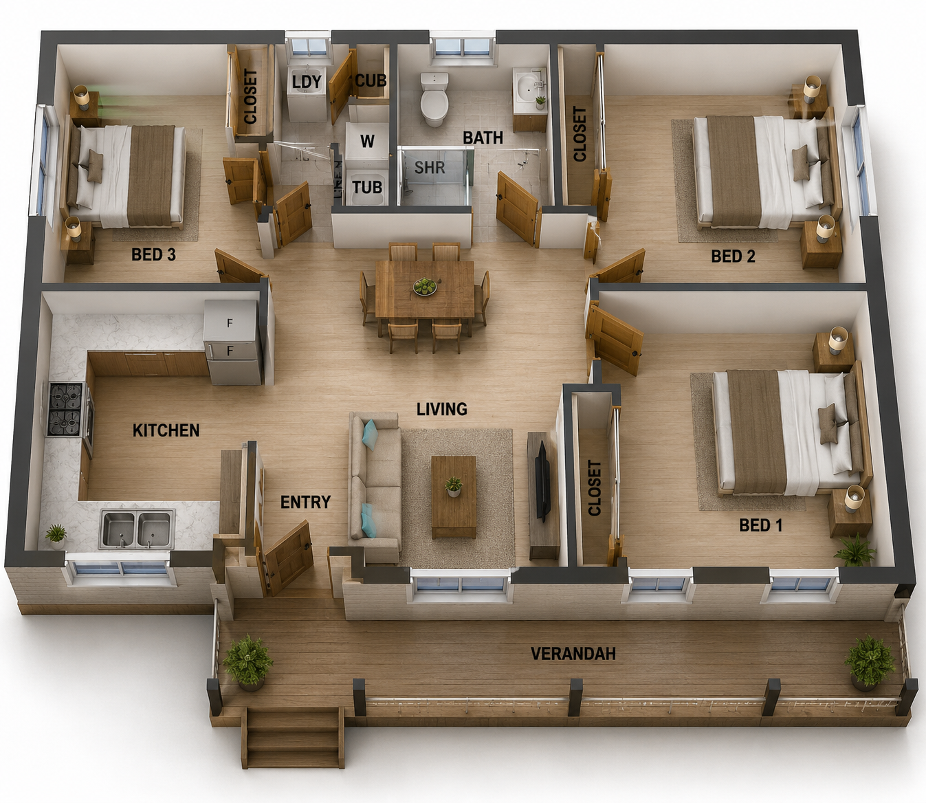 66GRLH Ranch | 3 Bedroom Small House Plan | Granny Flat Design | 66.5 m² | 713 Sq Ft
