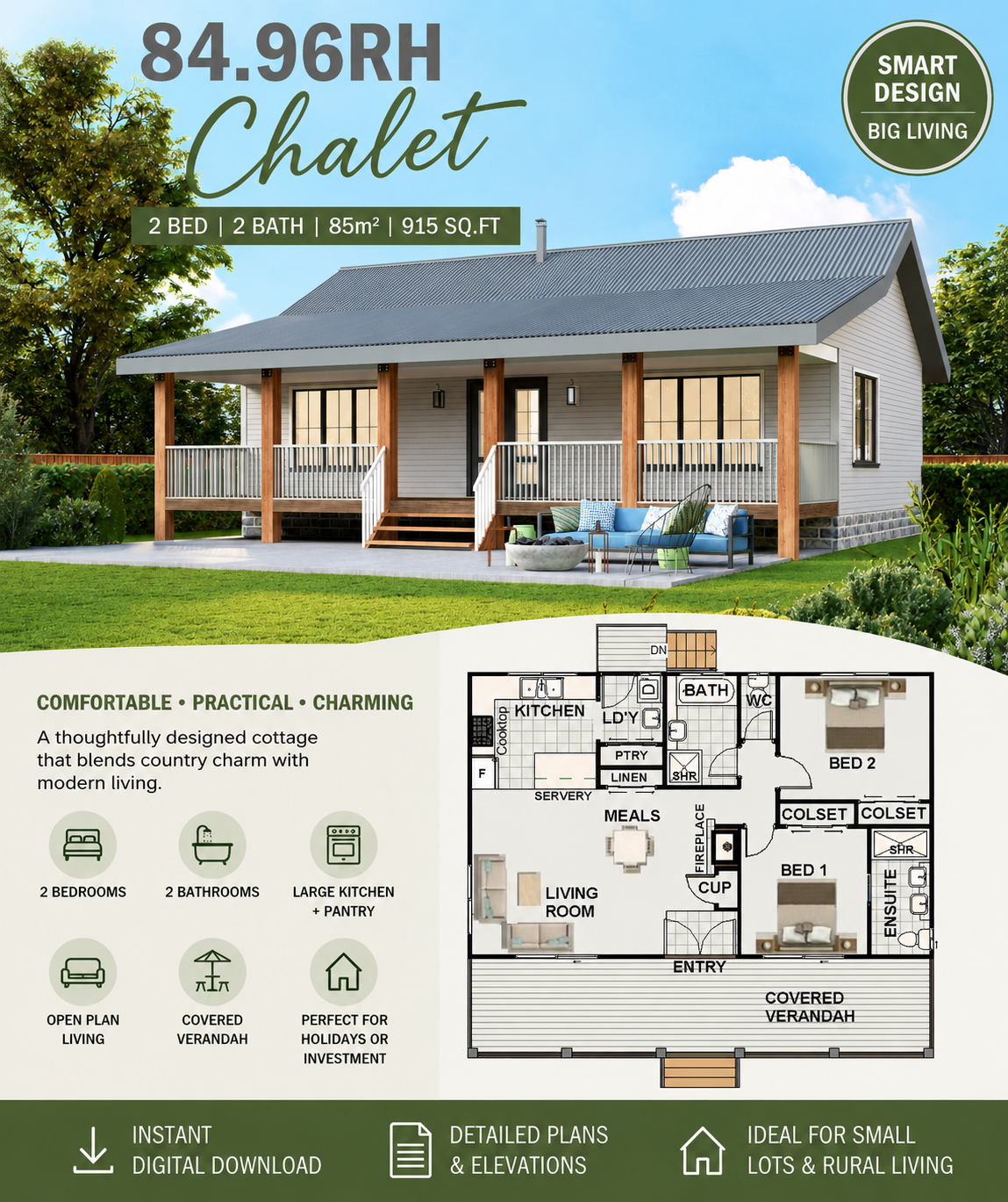 84.96RH Chalet House Plan – Modern 2 Bedroom Cottage Design