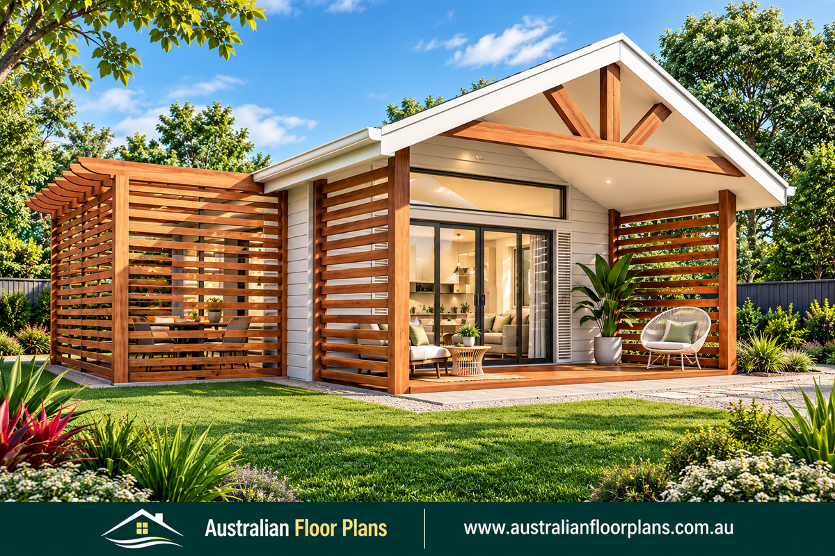Design 87 Highview – Modern 2 Bedroom Tiny House Plans with Patio & BBQ Area