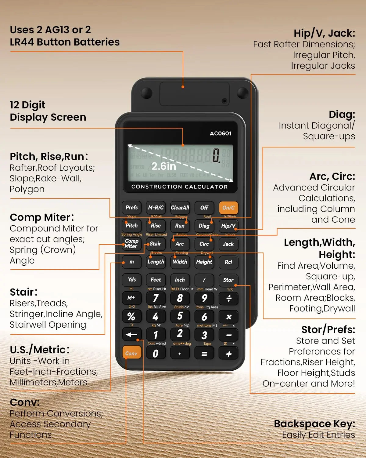 Construction Calculator with Writing Tablet Industrial & Scientific ROATEE Engineering Calculator for Contractor Concrete Pocket