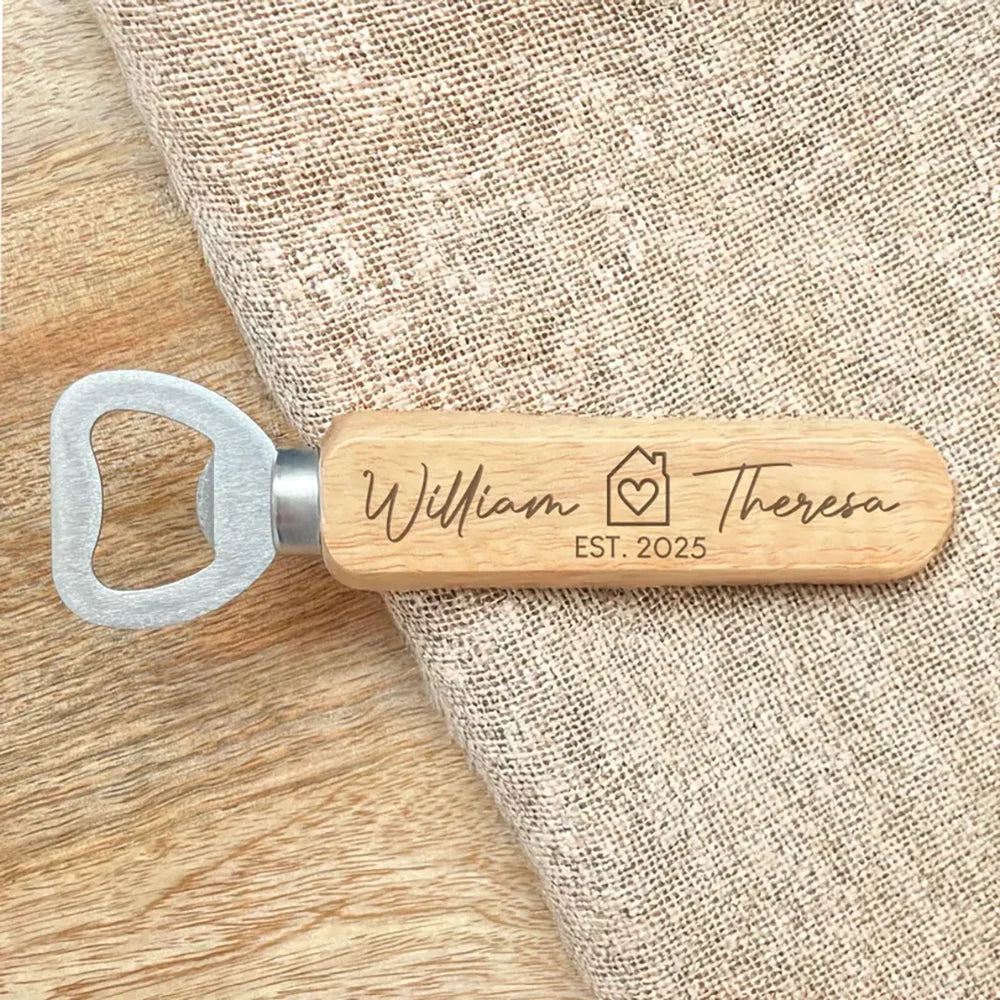 Personalized Housewarming Bottle Opener Corkscrew Engraved Wood Couple's Gift Wedding Birthday Bachelor Party Home Table Decor