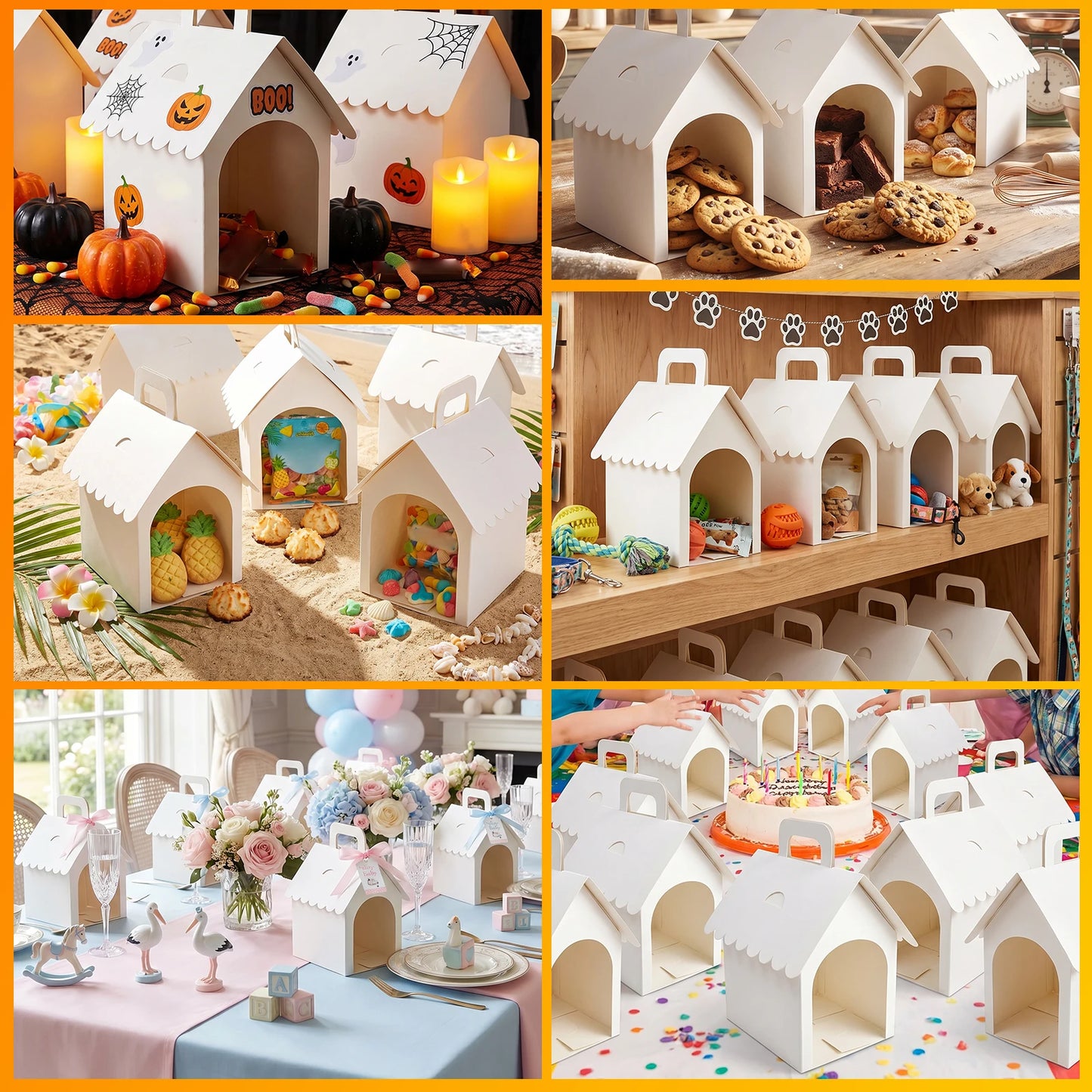 10Pcs White Dog House Shaped Treat Gift Boxes Party Favor DIY Foldable with Handle for Puppy Pet Adoption Kid DIY Crafting Pet