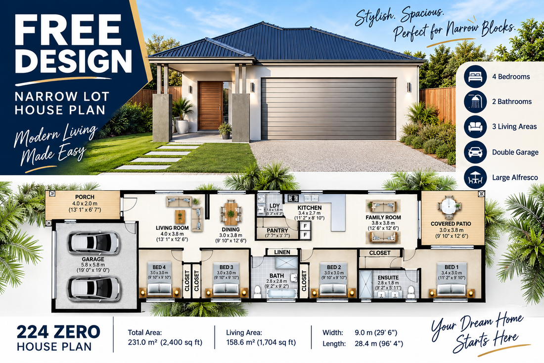 FREE 4 Bed Narrow Lot House Plan – 224 Zero