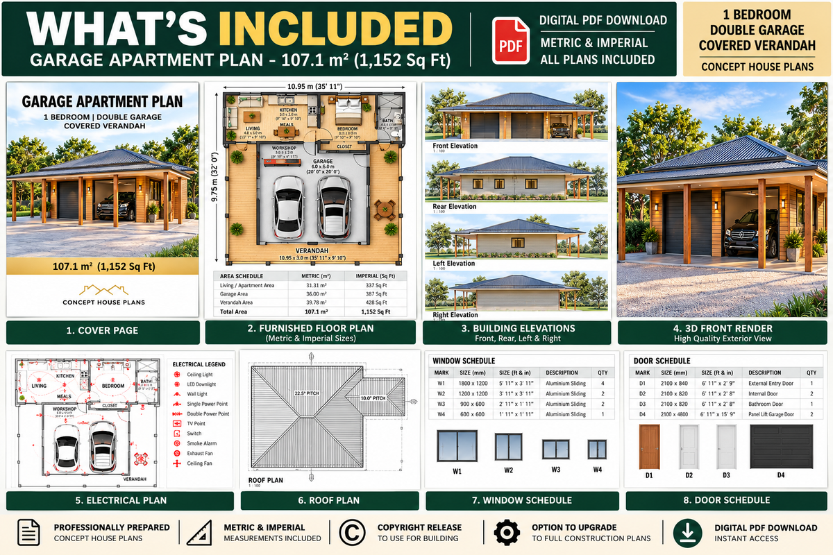 Garage Apartment House Plan 107.1 | 1 Bedroom Granny Flat + Double Garage