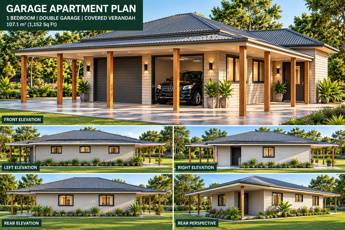 Garage Apartment House Plan 107.1 | 1 Bedroom Granny Flat + Double Garage