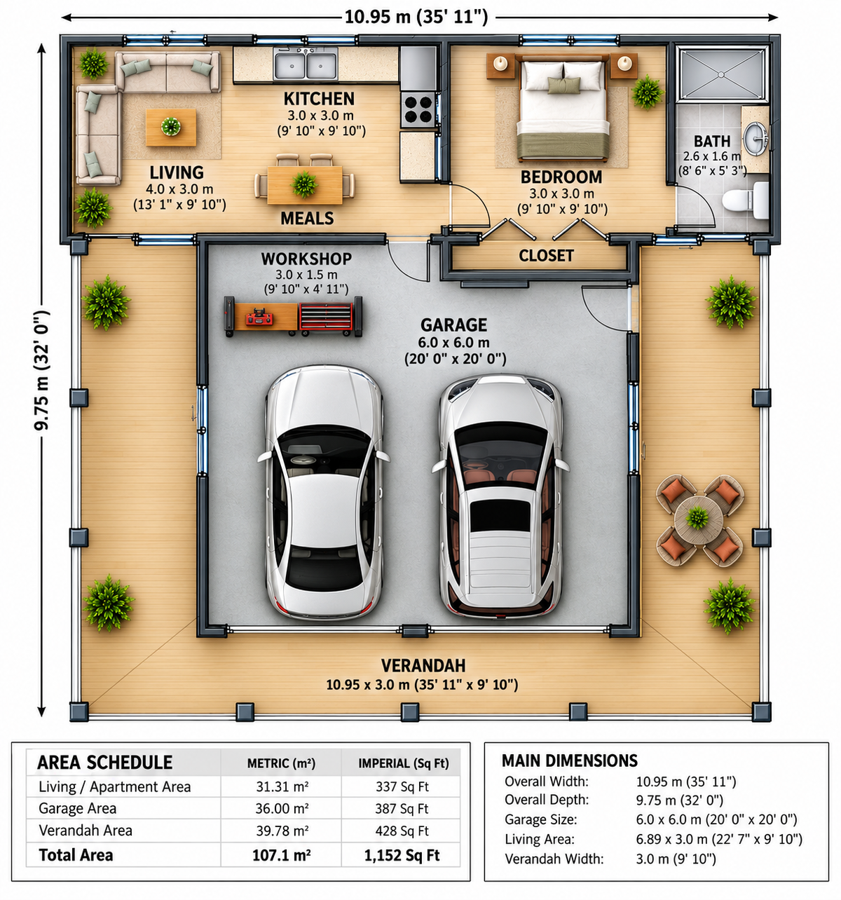 Garage Apartment House Plan 107.1 | 1 Bedroom Granny Flat + Double Garage