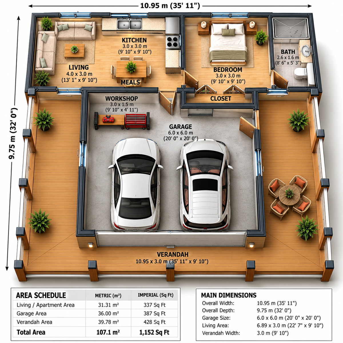 Garage Apartment House Plan 107.1 | 1 Bedroom Granny Flat + Double Garage