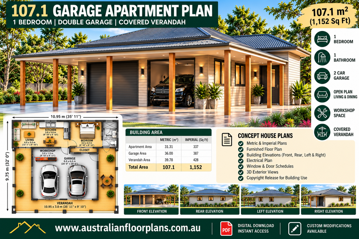 Garage Apartment House Plan 107.1 | 1 Bedroom Granny Flat + Double Garage