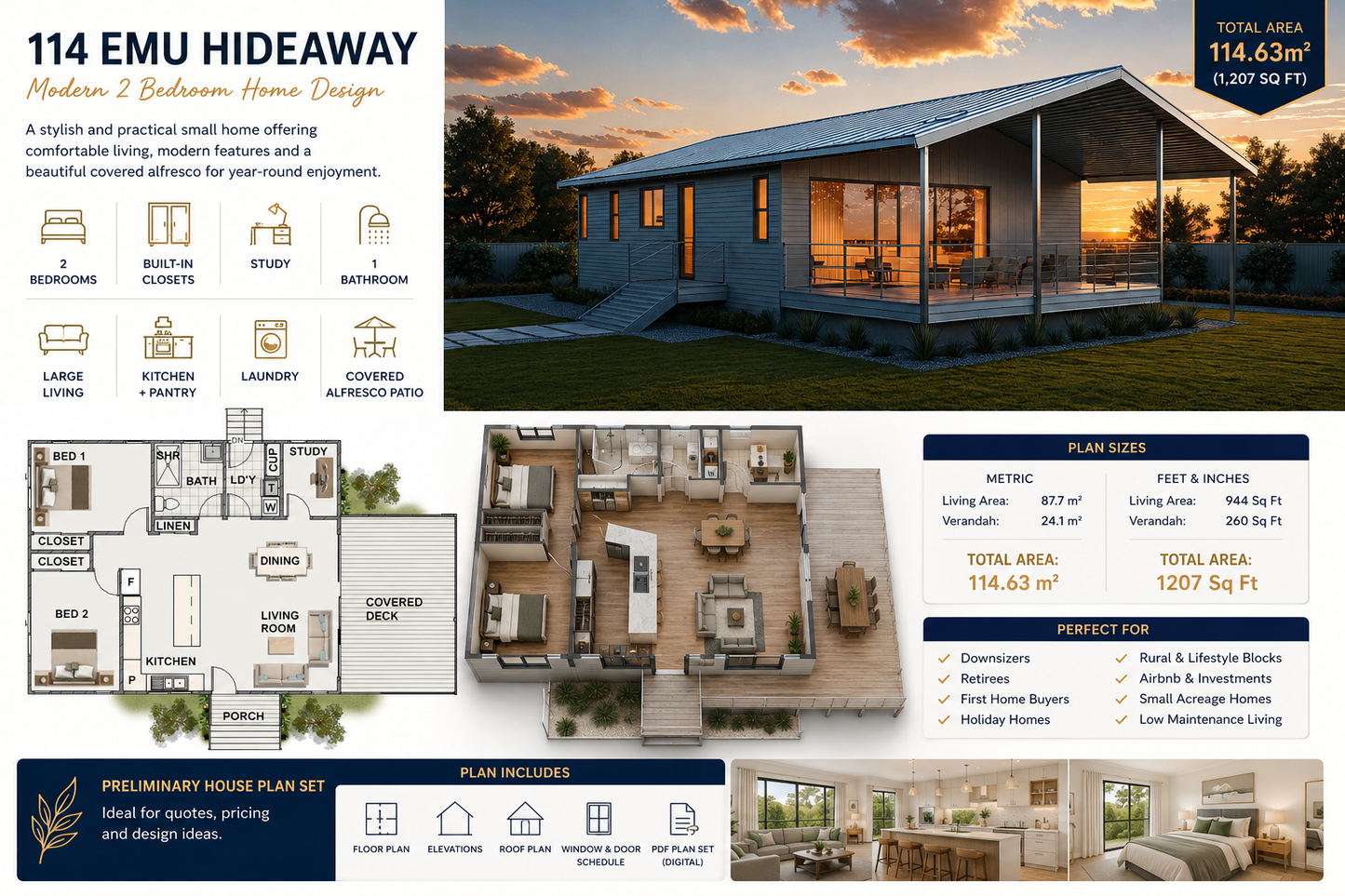 114 Emu Hideaway – 2 Bedroom Small House Plan