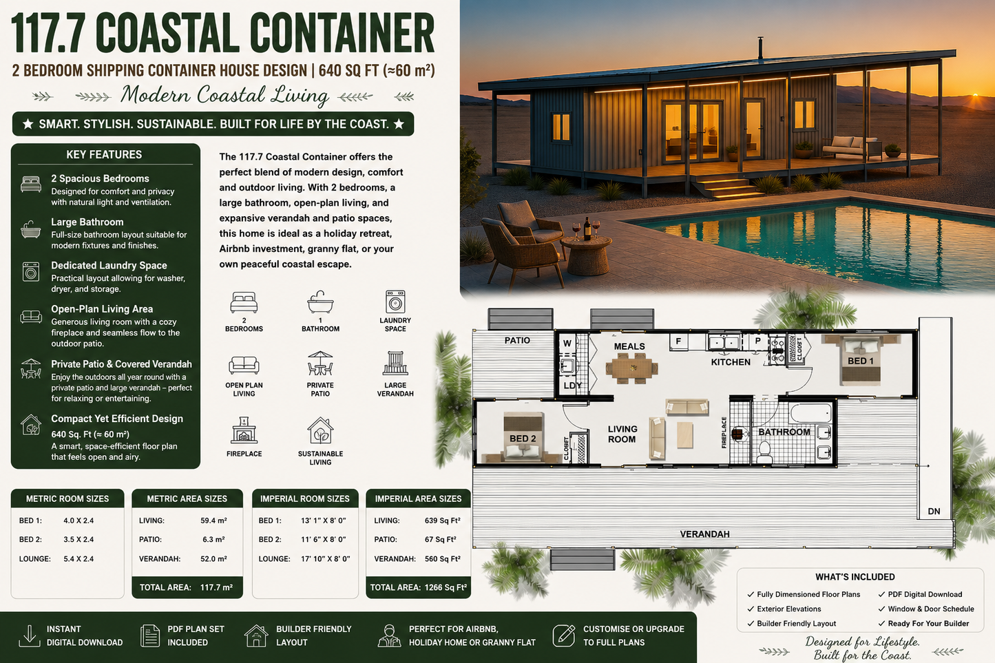 117.7 m² Coastal Container – 2 Bedroom Shipping Container House Design | 640 Sq Ft Modern Coastal Living