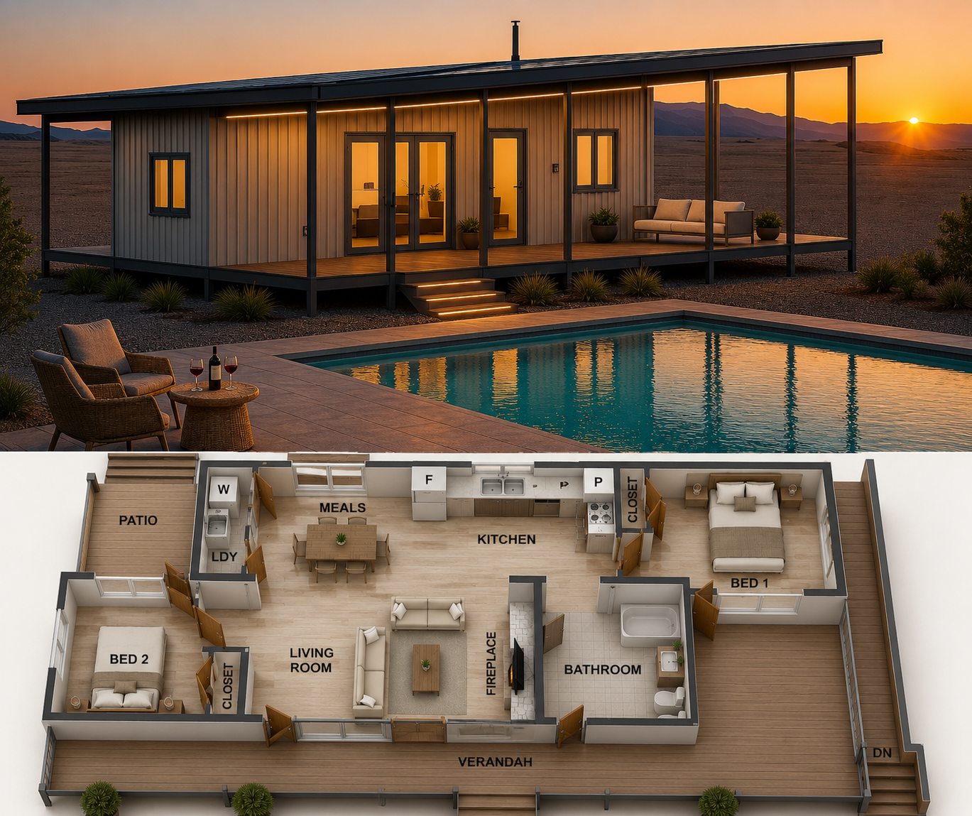 117.7 m² Coastal Container – 2 Bedroom Shipping Container House Design | 640 Sq Ft Modern Coastal Living