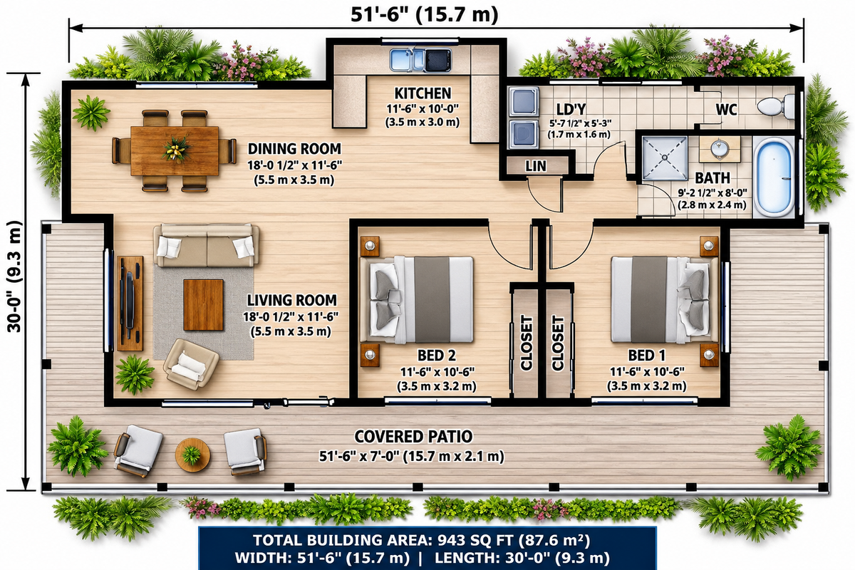 127.7 KR – 2 Bedroom Country Cottage House Plan | 943 Sq Ft | 127.7 m² Total | Concept Plans