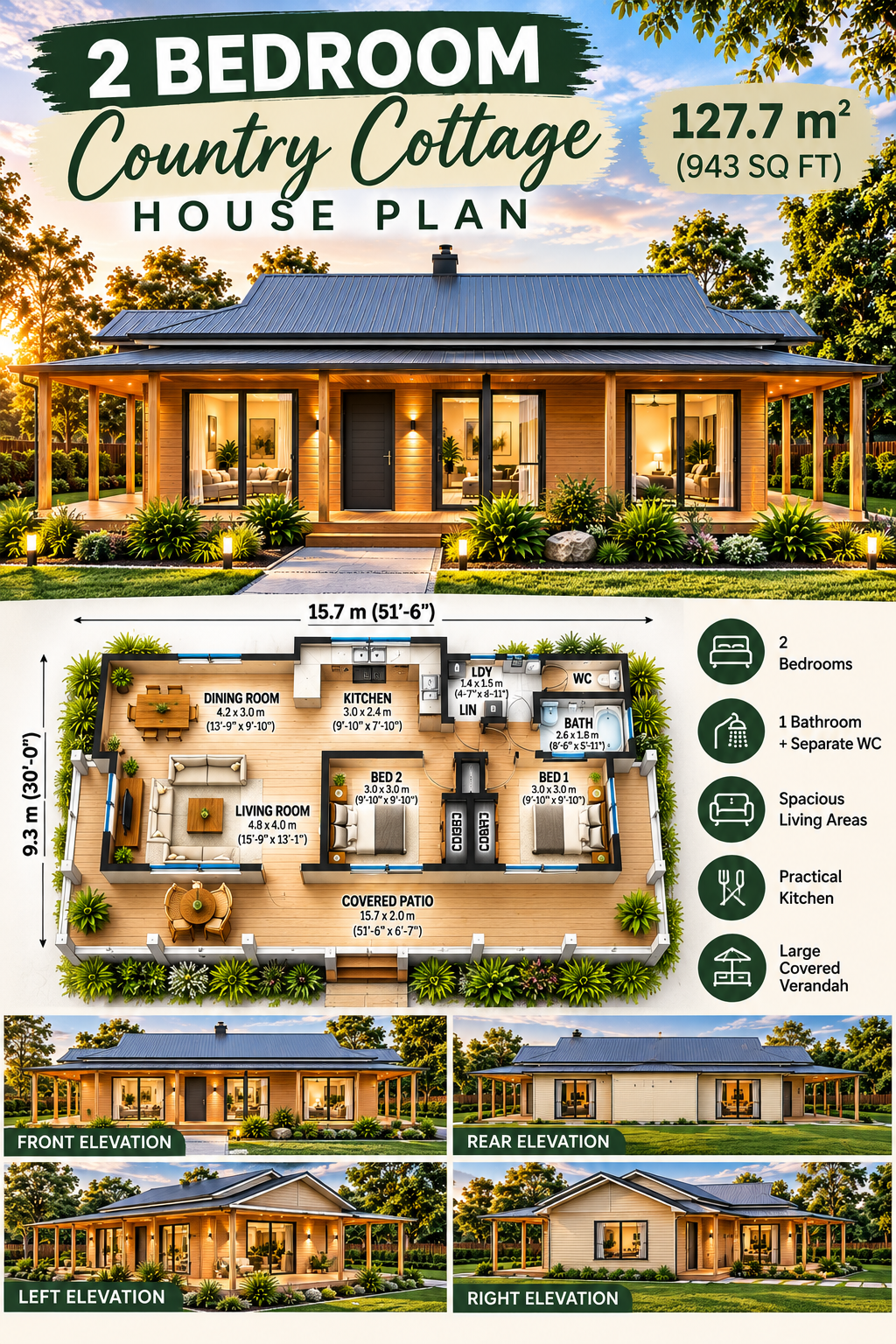 127.7 KR – 2 Bedroom Country Cottage House Plan | 943 Sq Ft | 127.7 m² Total | Concept Plans