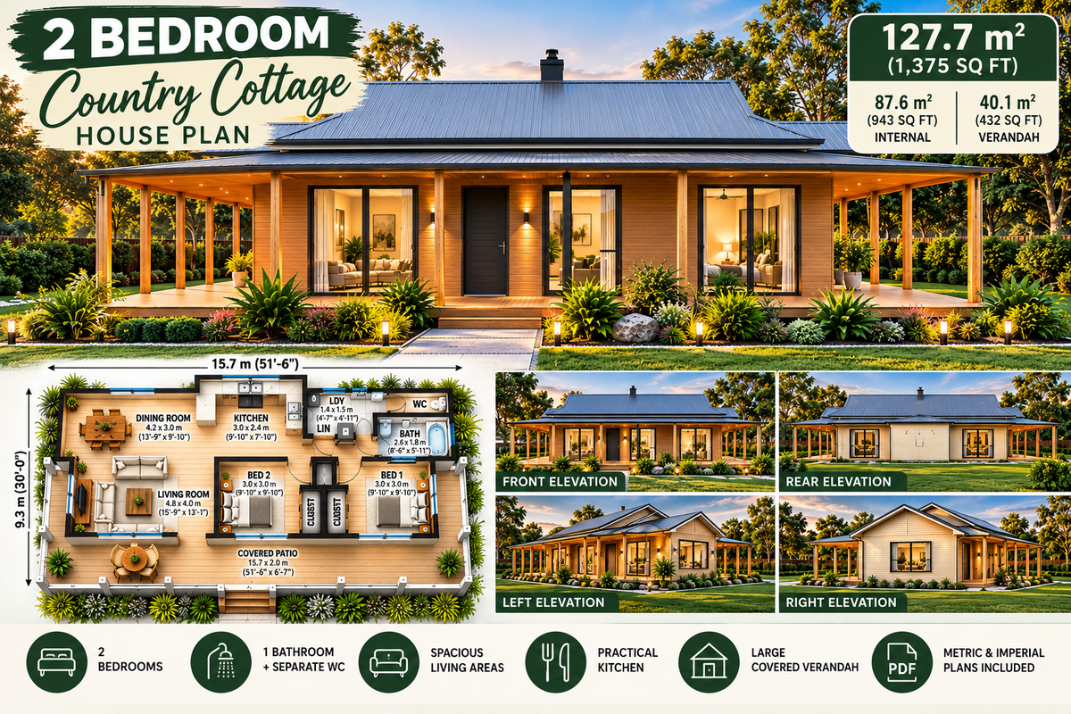 127.7 KR – 2 Bedroom Country Cottage House Plan | 943 Sq Ft | 127.7 m² Total | Concept Plans