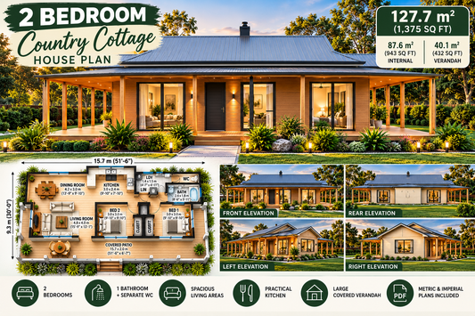 127.7 KR – 2 Bedroom Country Cottage House Plan | 943 Sq Ft | 127.7 m² Total | Concept Plans