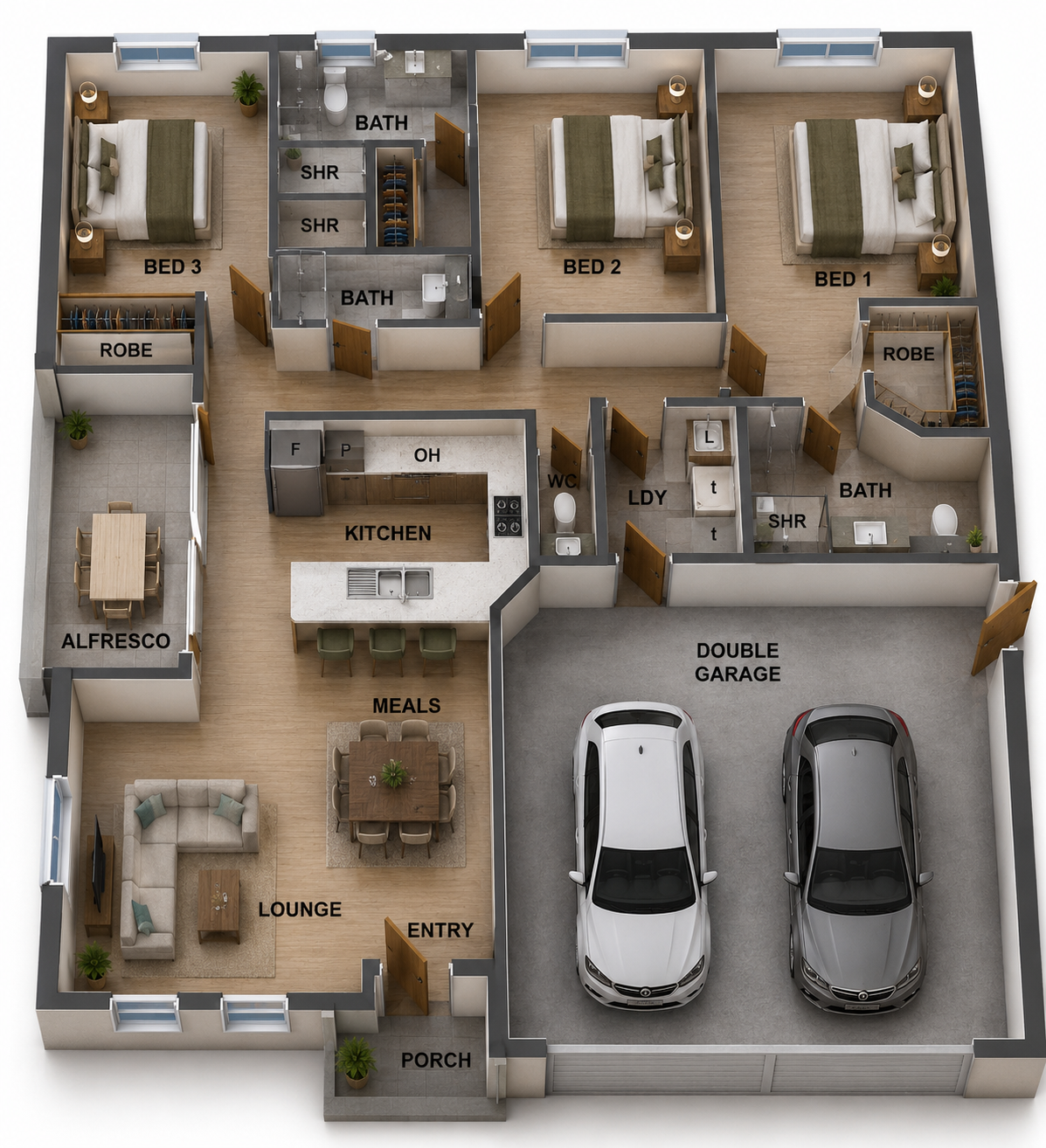 142.6RH – 3 Bedroom | 3 Bathroom House Plan with Double Garage | 1534 Sq Ft | 142.6 m²