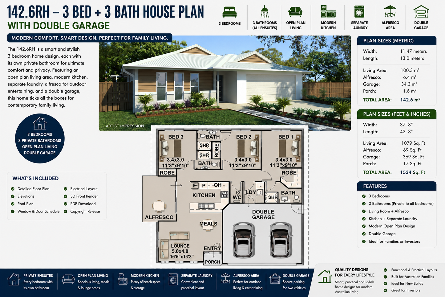 142.6RH – 3 Bedroom | 3 Bathroom House Plan with Double Garage | 1534 Sq Ft | 142.6 m²