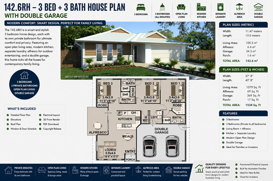 142.6RH – 3 Bedroom | 3 Bathroom House Plan with Double Garage | 1534 Sq Ft | 142.6 m²
