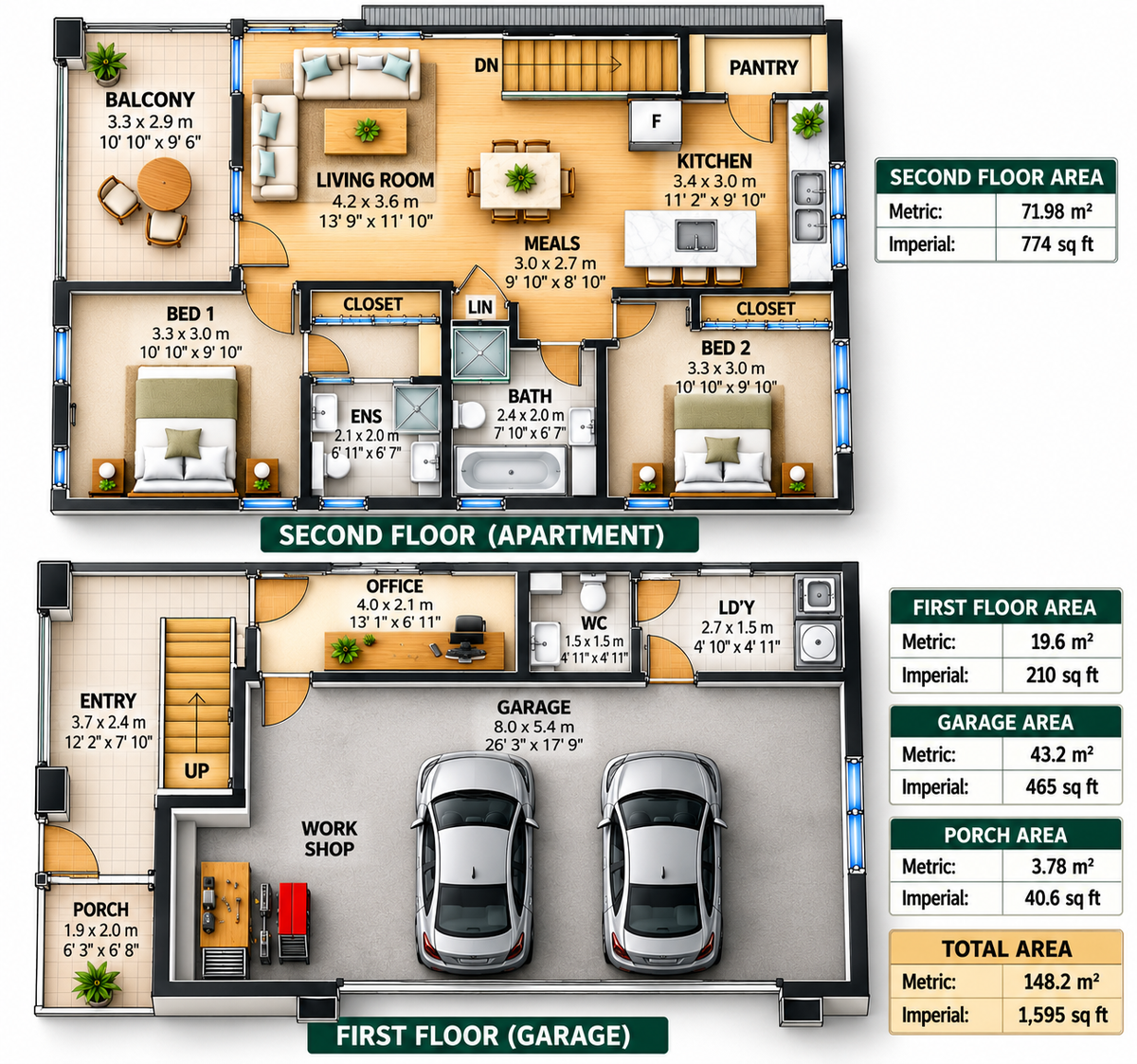148.2 Helen – Modern 2 Bedroom Garage Apartment with Office | Concept House Plans