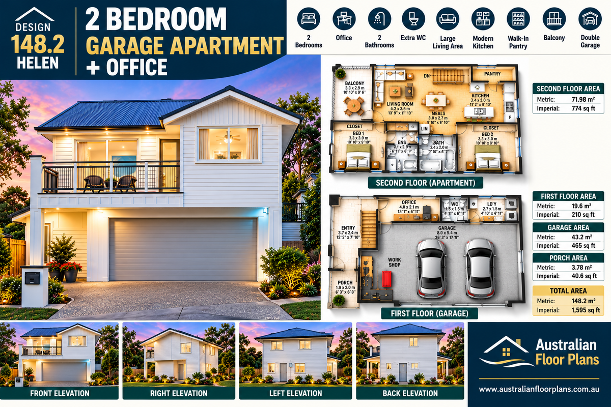 148.2 Helen – Modern 2 Bedroom Garage Apartment with Office | Concept House Plans
