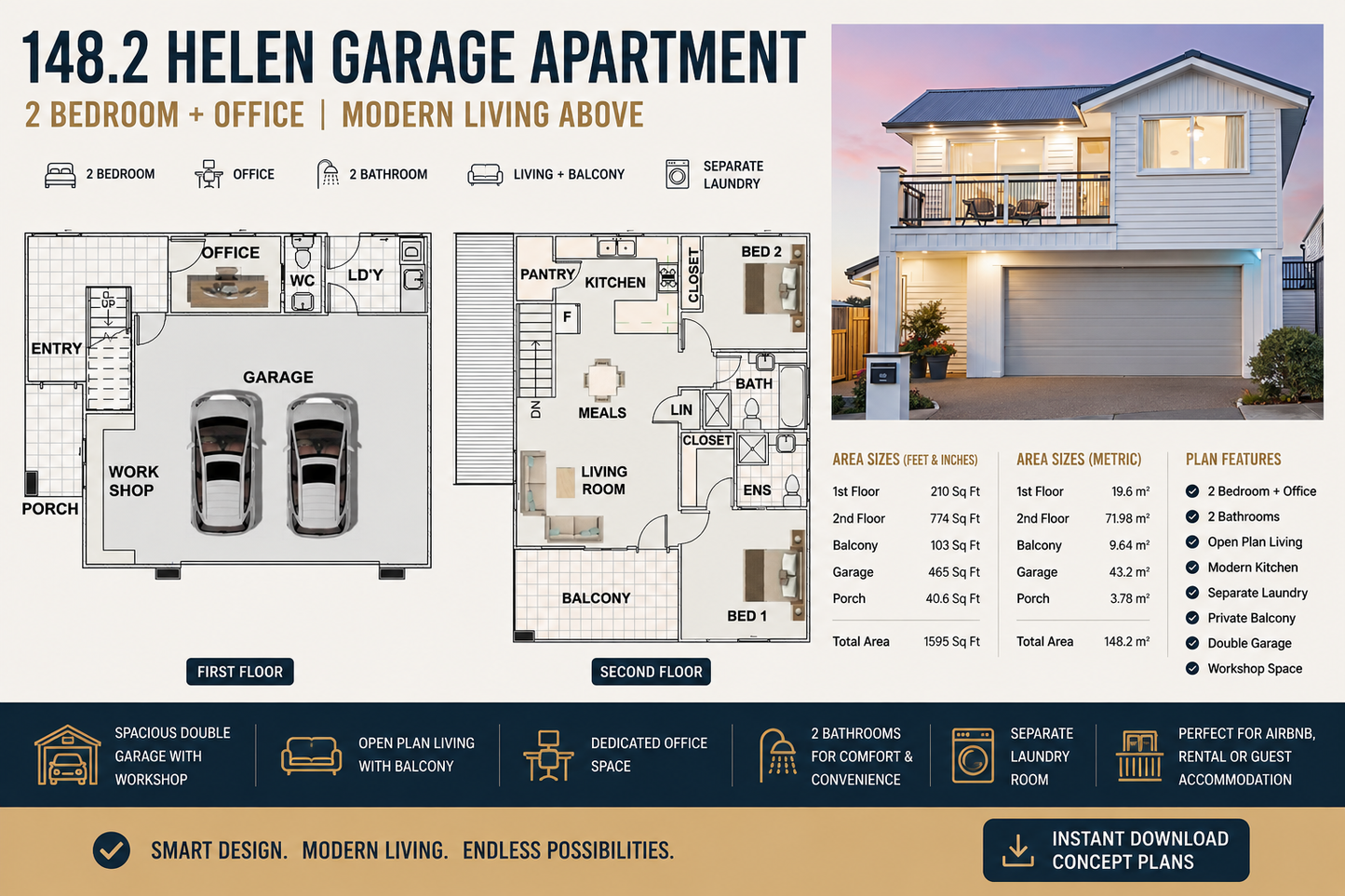 148.2 Helen Garage Apartment Plan | 2 Bedroom + Office | 1595 Sq Ft - Modern 2 bedroom garage apartment plan with office,