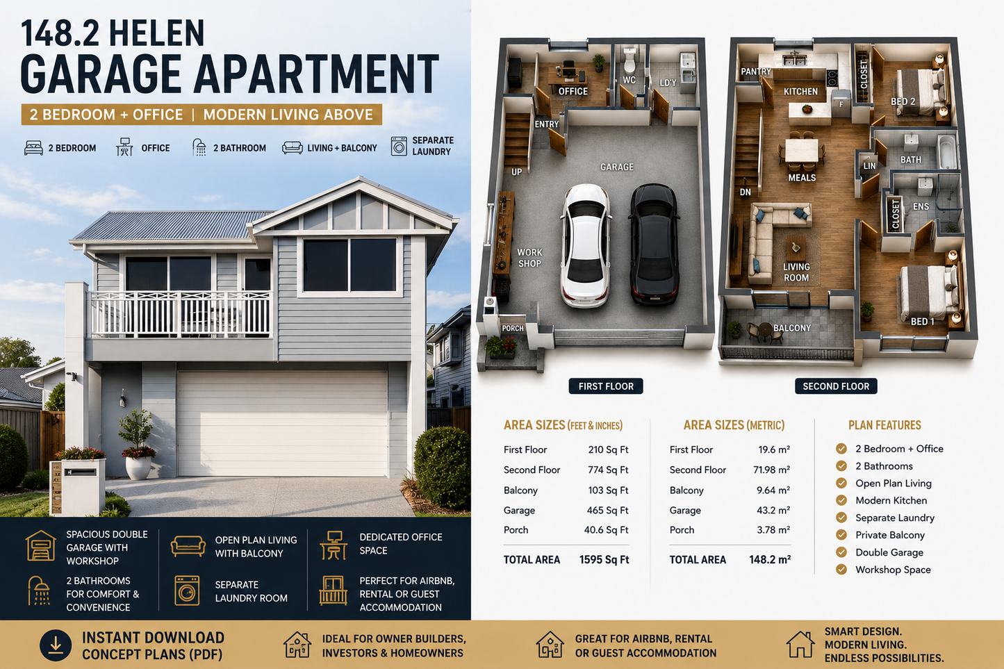 148.2 Helen Garage Apartment Plan | 2 Bedroom + Office | 1595 Sq Ft - Modern 2 bedroom garage apartment plan with office,