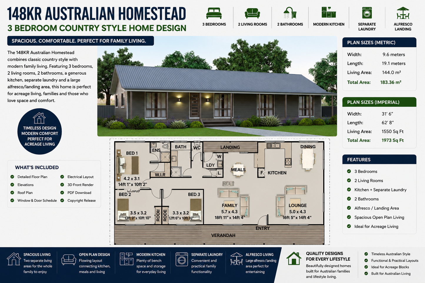 148KR Australian Homestead | 3 Bedroom Country Style Home Design | 183.36 m² | 1973 Sq Ft