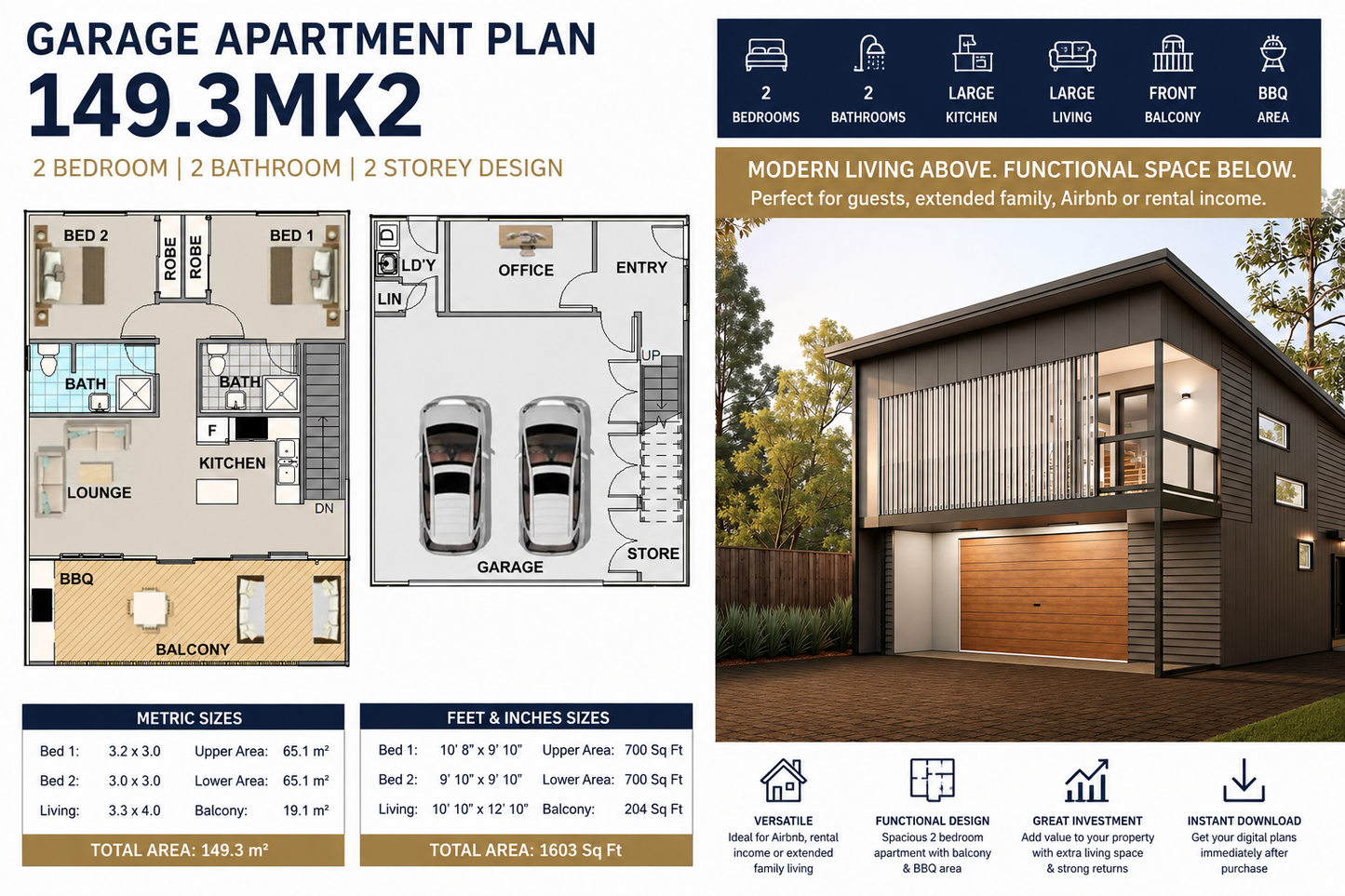 Garage Apartment Plan | 149.3MK2 | 2 Bedroom Garage Apartment Design | 1603 Sq Ft | 149.3 m²